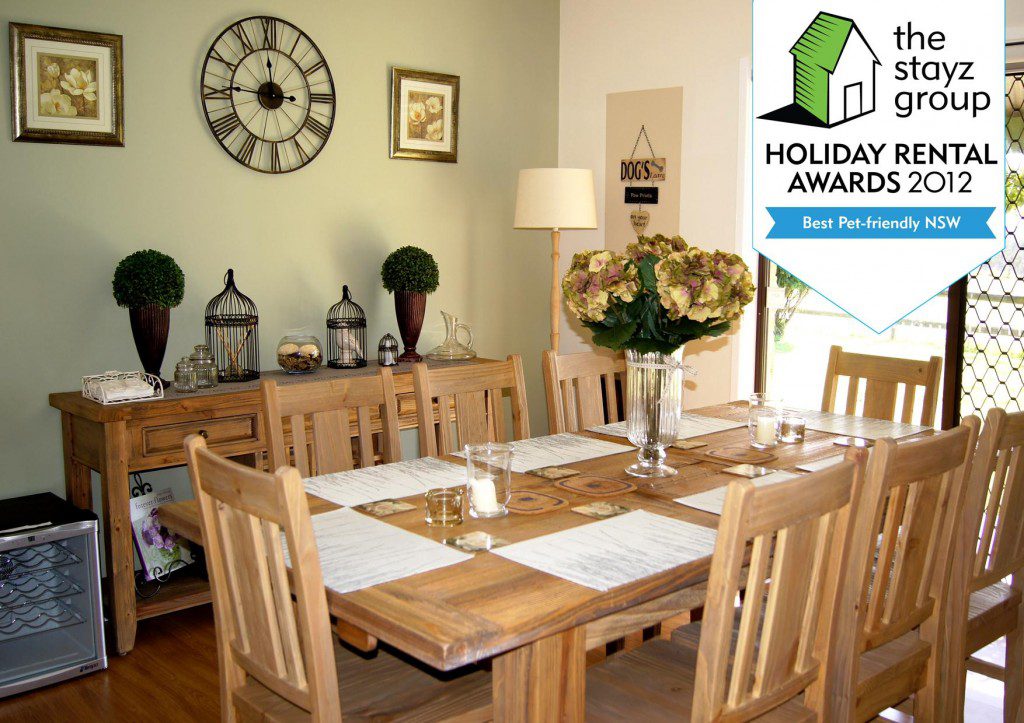 dining room with win banner