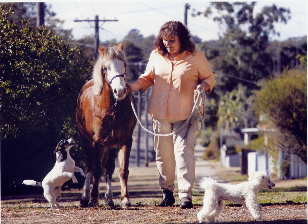 Michelle walking Duchess with Belle and Jedd
